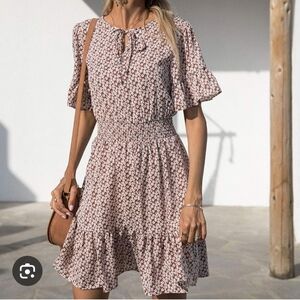 Pretty Garden Smocked Waist Dress with Tie Neck - Brown White Floral